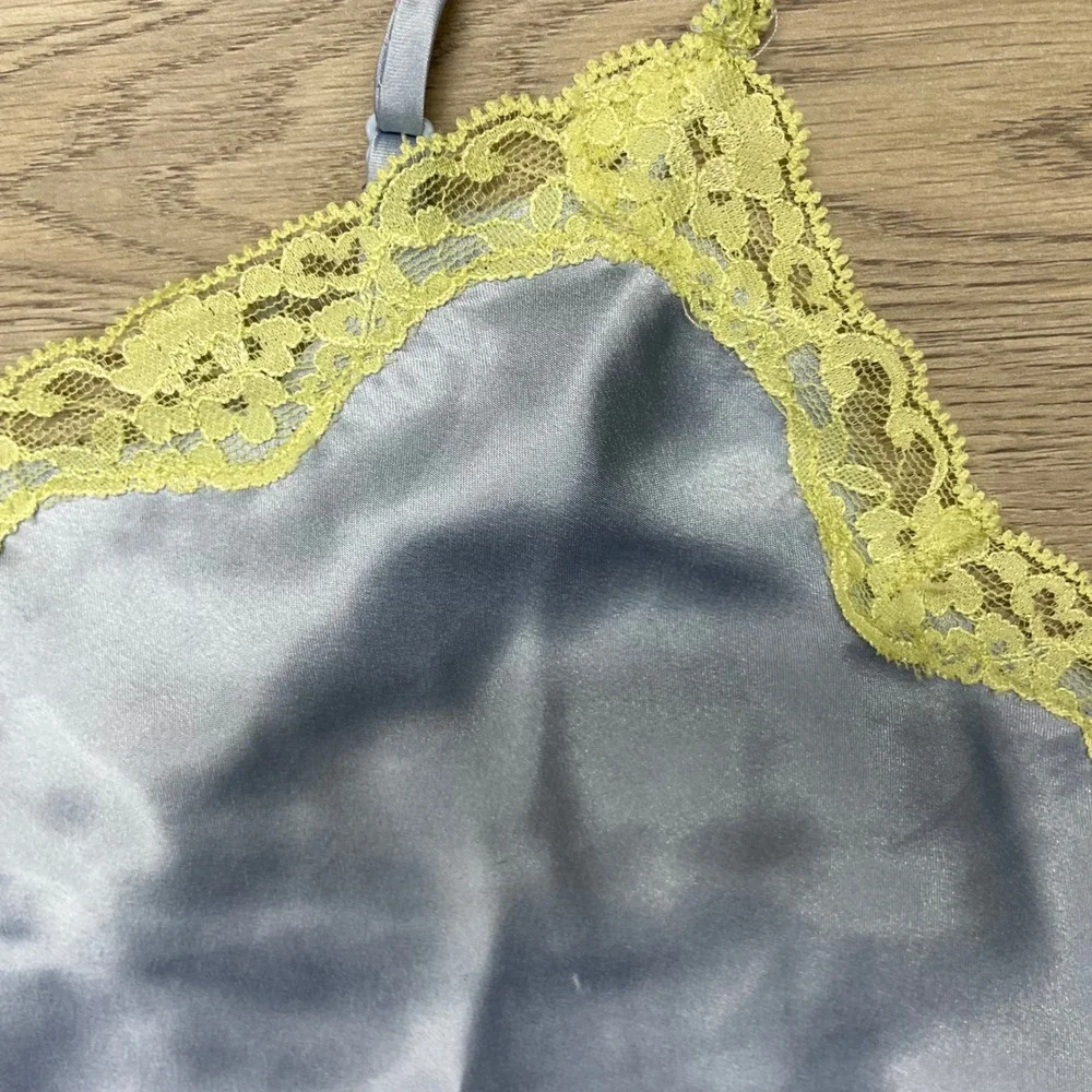 Victoria's Secret Slip Dress Women M Blue Yellow Lace Trim Satin Mini READ